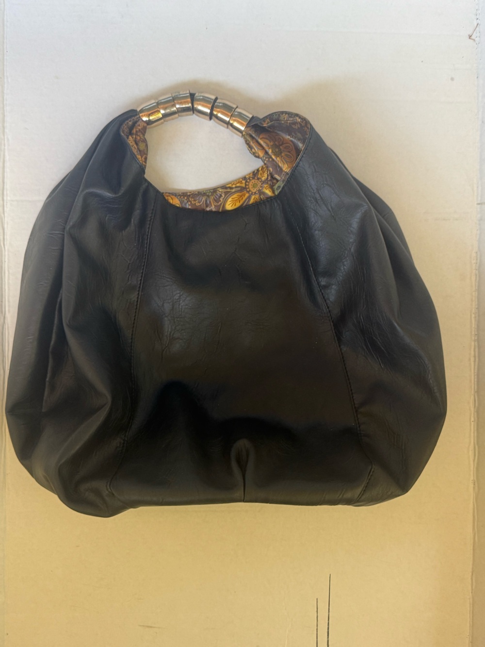 Black Leather Hobo Bag with Patterned Trim